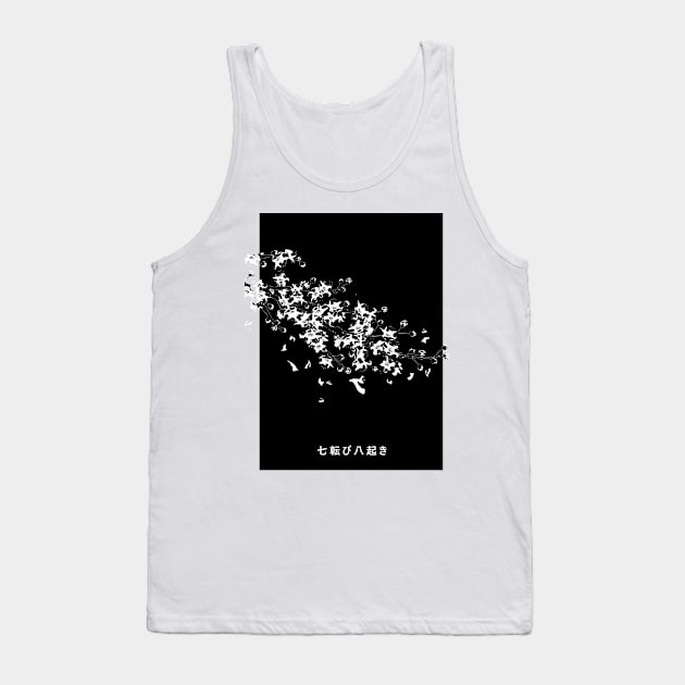 "Fall Down Seven Times, Stand Up Eight" Minimalist Japanese Flower Petals Black and White Streetwear Aesthetic Tank Top by Neon Bang Bang